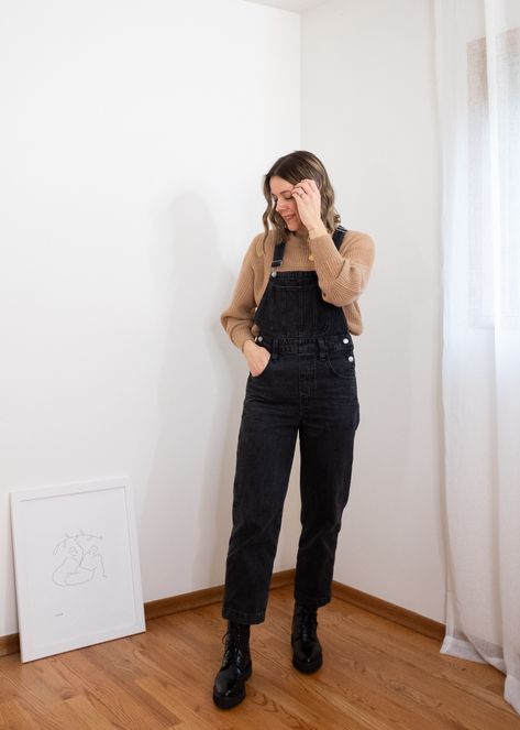 Madewell Black Friday Picks - Seasons + Salt Black Overalls Sweater Outfit, Black Ziggy Overalls Outfit, Overalls Black Outfit, Black Overalls Outfit Women, Styling Black Overalls, Black Jean Overalls Outfit, Velvet Overalls Outfit, How To Style Black Overalls, Black Denim Overalls Outfit