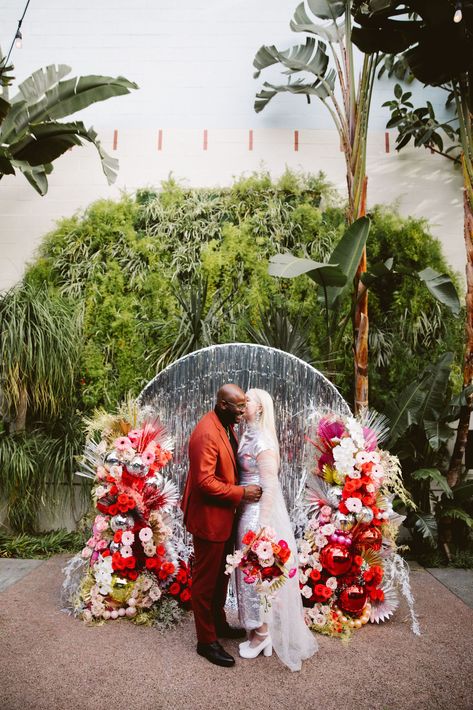 Ace Hotel Los Angeles, Tropical Disco, Ceremony Background, Silver Wedding Dress, Hotel Los Angeles, Disco Theme, Los Angeles Hotels, Wedding Planning Tools, Silver Tinsel