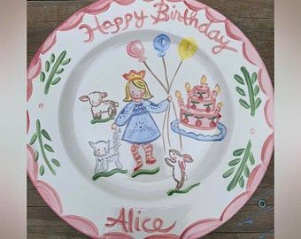 Whimsical European Style Folk Art by tricialowenfield on Etsy Me As A Parent, Birthday Plates, Dolls Handmade Diy, Name Plate Design, Kid Decor, Its A Boy Balloons, Painting Pottery, Baby Plates, Plate Ideas