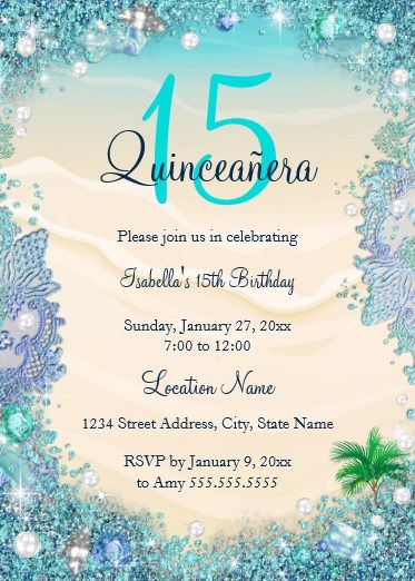 Quinceanera Teal Blue Sand Ocean Beach Birthday Invitation Beach Birthday Invitations, Pearl Wedding Invitations, Quinceañera Invitations, Mermaid Baby Shower Invitations, Typography Invitation, Beach Party Invitations, Beach Invitations, Blue Birthday Parties, Ocean Birthday