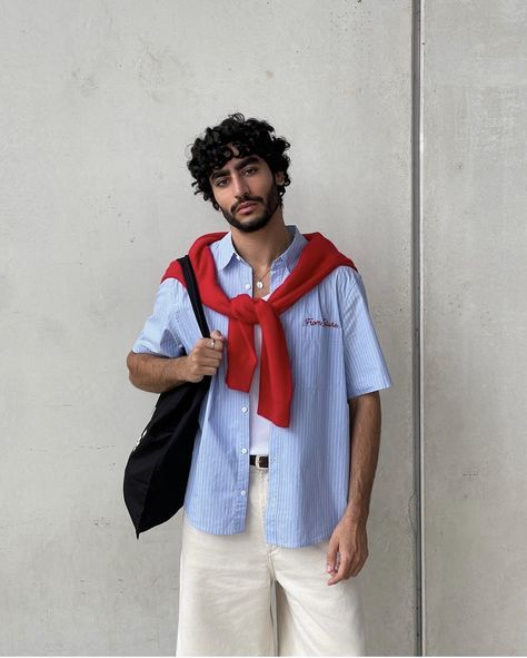 Blue Aesthetic Outfit Men, Red Outfit Aesthetic Men, Blue Outfit Men, Outfit Ideaa, Men's Summer Outfit, Men Street Style, Classy Outfits Men, Fashion Men Streetwear, Soft Boy