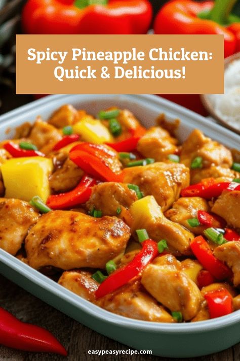 A dish of spicy pineapple chicken with red bell peppers and chunks of pineapple garnished with green onions. Pineapple Chicken Meal Prep, Spicy Pineapple Chicken, Pineapple Chicken Recipe, Pineapple Chicken Recipes, Spicy Pineapple, Easy Zucchini Recipes, Weekly Meal Prep, Avocado Chicken, Easy Peasy Recipes