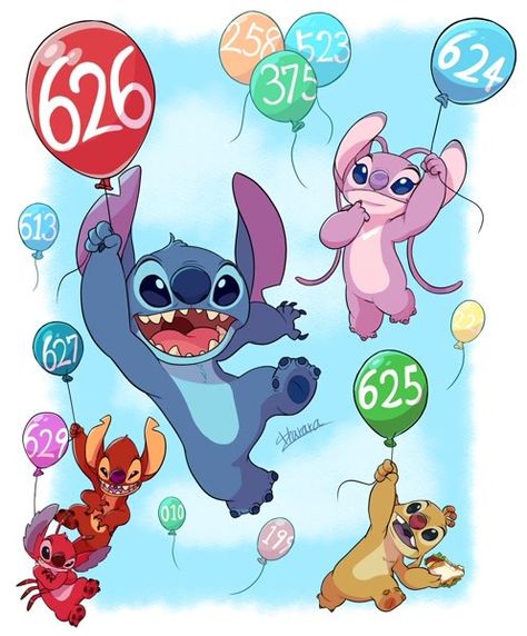 Stitch Experiments, Stitch Holding Balloons, Stitch Bubble Wallpaper, Lilo And Stitch Background Art, Angel And Stitch Background, Disney Stitch Easter Wallpaper, Stitch Cousins, Lilo And Stitch Experiments, Cute Disney Characters