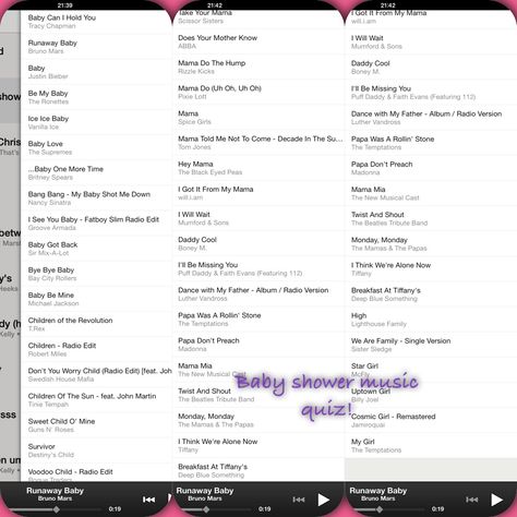 Create a playlist with songs related to 'baby' and 'family' like the ones shown, and play a music quiz.....Play a snippet from each song...1 point is given for the correct artist, 1 point for the song title. Winning team gets a prize. We had great fun :-) Baby Shower Playlist, Shower Playlist, Camping Baby Shower Theme, Shower Music, Does Your Mother Know, Music Quiz, Leadership Workshop, January Baby, Tracy Chapman