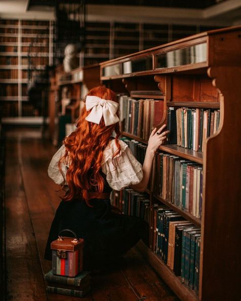 Rebecca on Instagram: “Books are uniquely portable magic📚I had the pleasure of visiting my favorite library & photographing some of the bags from @vendulalondon’s…” Library Aesthetic, Fairytale Photography, Alone Photography, Ginger Girls, Girls With Red Hair, Lily Evans, Princess Outfits, Redhead Girl, Academia Aesthetic