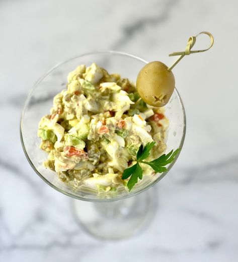 Clean comfort food with all the dirty martini vibes. Egg And Olive Salad, Milk Punch, Olive Salad, Hard Cooked Eggs, Vodka Martini, Saltine Crackers, Dirty Martini, Egg Salad, Cucumber Salad