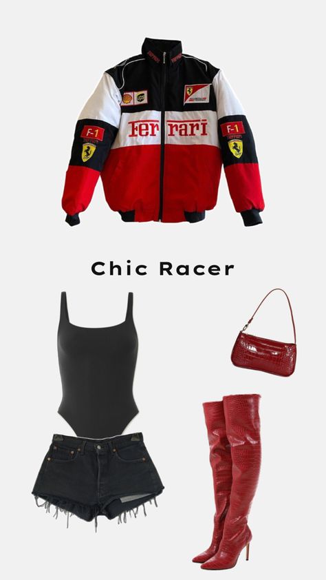 Racing event outfit inspiration. Vintage Ferrari coat paired with red leather accessories. 🏎️ Carnaval Outfit, Vintage Ferrari, Race Outfit, Race Day Outfits, Event Outfit, Red Coat, Neutral Outfit, Coat Outfits, Casual Fall Outfits