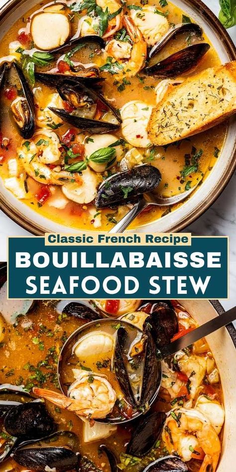 Make a French classic with our Bouillabaisse recipe, inspired by Julia Child. This authentic seafood stew combines the freshest ingredients and traditional Provençal flavors, and it's SO perfect for seafood lovers. French Seafood Soup, French Bouillabaisse Recipe, Bouliabais Recipe, Bouliabais Seafood, Seafood With Rice, French Shrimp Recipe, Boulabase Soup, Cippolini Seafood, Seafood Diablo Recipe