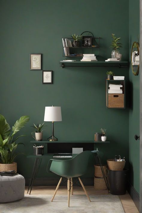 home decor interior design, home interior, interior bedroom design, kitchen designs Green Wall Office, Dark Green Home Office, Green Office Walls, Dark Green Desk, Professional Office Design, Dark Green Office, Spare Room Decor, Green Home Office, Travel Room Decor