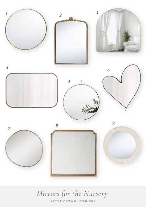 Perfect nursery mirrors, find the right size and tips to safely install. Mirrors for the Nursery with Tips and Favorites - Little Crown Interiors Nursery Gallery Wall With Mirror, Mirror Over Nursery Dresser, Arch Mirror Nursery, Nursery Room Mirrors, Nursery Room Mirror, Mirror Above Crib, Mirrors For Nursery, Nursery Mirror Over Changing Table, Baby Boy Nursery Mirror