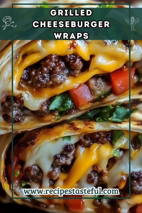 These Grilled Cheeseburger Wraps are a fun and delicious twist on the classic cheeseburger. Packed with savory ground beef, melted cheese, and customizable toppings, they’re perfect for a quick lunch or dinner. Cheeseburger Wraps Ground Beef, Cheeseburger Wrap, Classic Cheeseburger, Burger Wrap, Cheeseburger Wraps, Quick Lunch, Quick Weeknight Meals, Quick Lunches, Melted Cheese