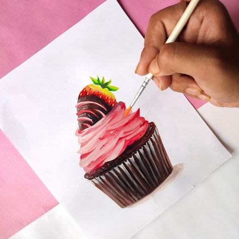 Pastry Painting Acrylic, Acrylic Illustration, Cupcake Painting, Food Art Painting, Cake Pastry, Strawberry Chocolate, Chocolate Strawberries, Mandala Drawing, Chocolate Cupcakes