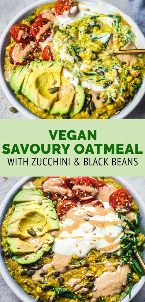 Filling Vegetarian Breakfast, Savory Baked Oatmeal Recipes, Vegan Breakfast Soup, Savory Oatmeal Vegan, Savoury Vegan Breakfast, Vegan Savoury Breakfast, Bean Breakfast Recipes, Vegan Oatmeal Recipes, Oatmeal Savory