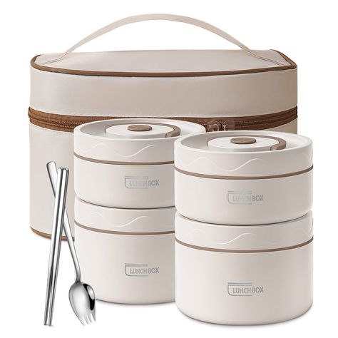 PRICES MAY VARY. 7-in-1 Bento Box Set: Small container(13oz/1.6cup)*2, Large container(20oz/2.5cup) *2, Stainless steel spork & chopstick *1, Insulated Lunch Bag *1 18/10 304 Stainless Steel: Both the container tank and utensils of the tiffin lunch box are made of 304 stainless steel with excellent corrosion and oxidation resistance. Easy to maintain. PU foam insulating layer: High-density insulated pu foam is applied to the middle layer, which makes food stay warmer than those with vacuum layer Tiffin Lunch, Tiffin Lunch Box, Stainless Steel Bento Box, Thermal Lunch Bag, Thermal Lunch Box, Tiffin Box, Lunch Box Containers, Small Container, Lunch Box Set