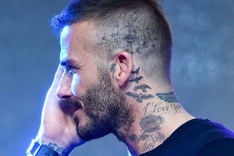 A Close-Up Tour Of David Beckham's Coolest Tattoos #blue #hair #skin #neck #ear #head #chin #facialhair #beard #tattoo David Beckham Neck Tattoo, Sergio Ramos Tattoo, Tattoo Beckham, David Beckham Tattoos, Tattoo Crane, Scalp Tattoo, Best Neck Tattoos, Solar System Tattoo, Tattoo Uk