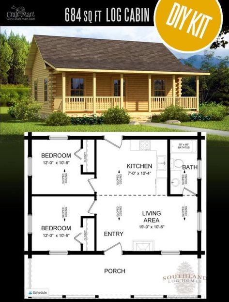 Willow Creek Log Cabin by Southland Log Homes - quality log cabin kits and pre-built cabins for your family! Choose from a few options of pre-built cabins to log cabin kits that you'll be able to assemble in 3-4 weeks saving on labor close to 1/3 of the total cost. #tinyhouses #logcabins #countryliving Small Log Cabin Kits, Pre Built Cabins, Log Cabin House Plans, Tiny Log Cabins, Tiny Log Cabin, Log Cabin House, Small Log Cabin, Log Cabin Kits, Cabin Floor Plans