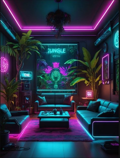 Neon Gaming Room Aesthetic, Cyberpunk Study Room, Synthwave Aesthetic Room, Vaporwave Interior Design, Vaporwave Apartment, Cyberpunk Store, Cyberpunk Furniture, Neon Aesthetic Room, Cyberpunk Aesthetic Room