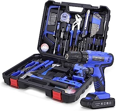 112 Piece Power Tool Combo Kits with 21V Cordless Drill, Professional Household Home Tool Kit Set with DIY Hand Tool Kits for Garden Office House Repair Maintain-Blue Round Pouch, Cordless Hammer Drill, Hand Tool Set, Hand Tool Kit, Drill Machine, Kit Design, Drill Set, Amazon Basics, Household Tools