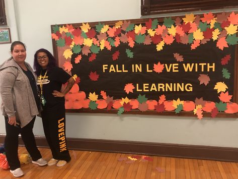 Fall in love with learning board  Perfect for fall Fall In Love With Learning Door, Fall In Love With A Good Book Bulletin Board, Fall Themed Library Bulletin Boards, Fall Into Learning Classroom Door, Fall Into Learning Bulletin Board, Fall In Love With Learning, Learning Board, Fall Board, Fall Boards