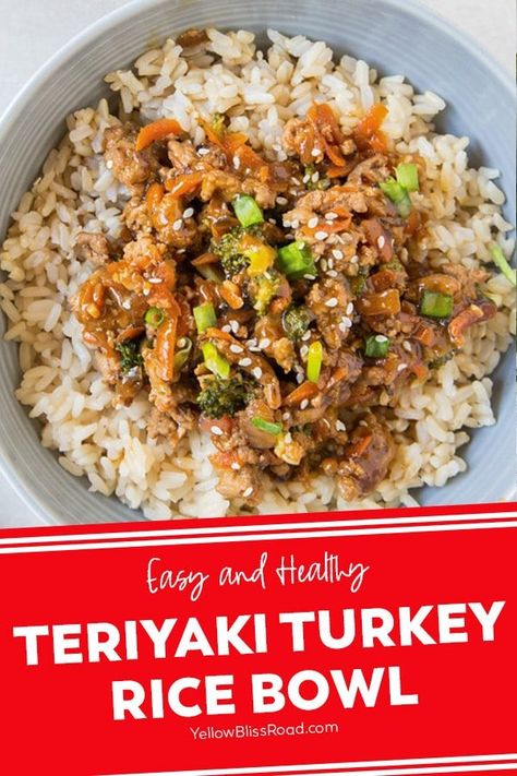 Teriyaki Turkey Rice Bowl have ground turkey simmered in a sweet teriyaki sauce, with loads of veggies on top of a bowl or steam white or brown rice. Perfect for weeknight dinner or meal planning. Turkey Teriyaki Rice Bowl, Teriyaki Turkey Rice Bowl, Ground Turkey Teriyaki, Turkey Rice Bowl, Teriyaki Rice Bowl, Teriyaki Turkey, Sweet Teriyaki Sauce, Teriyaki Rice, Healthy Turkey Recipes