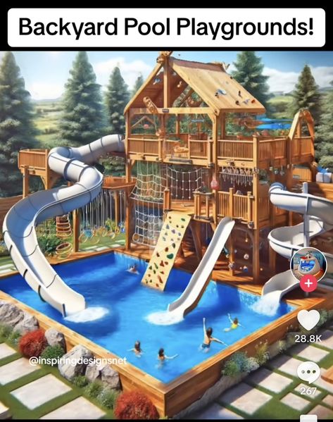 Backyard Pool Playground, Backyard Waterslide, Pool Bar Ideas, Backyard Water Parks, Diy Kids Playground, Kids Backyard Playground, Dream Backyard Pool, Backyard Kids Play Area, Kid Pool