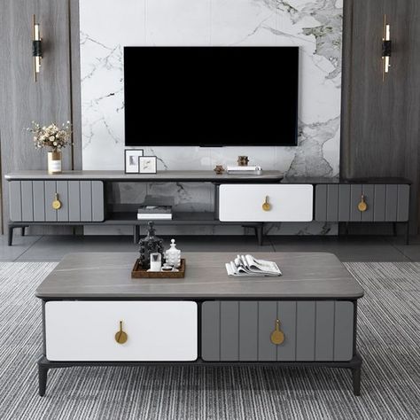 16.5" Contemporary TV Console Stone Top TV Stand for TVs with 3/4 Drawers - 67"L x 14"W x 17"H Matte Gray Gray Tv Unit Design, Console For Tv Unit, 65 Inch Tv Unit Design Modern, Grey Tv Stand Living Room, Tv Table Ideas Tv Stands, Tv Unit Drawer Design, Contemporary Tv Console, White And Grey Tv Unit, Homary.com Tv Stand