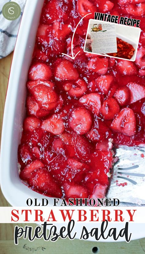 strawberry pretzel salad in serving dish with spatula Strawberry Pretzel Jello Salad, Pretzel Salad Recipe, Strawberry Pretzel Salad Recipe, Jello Dessert, Jello Dessert Recipes, Strawberry Pretzel Salad, Summer Potluck, Potluck Ideas, Grandma's Recipes