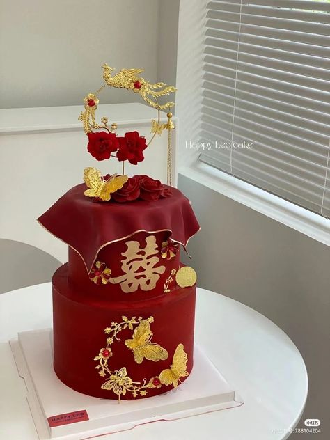 Hualian Wedding, Sangjit Cake, Chinese Birthday Cake, Chinese Wedding Cake, Queens Birthday Cake, Chinese Cake, Kue Macaroon, Fondant Cake Designs, Beautiful Cake Designs