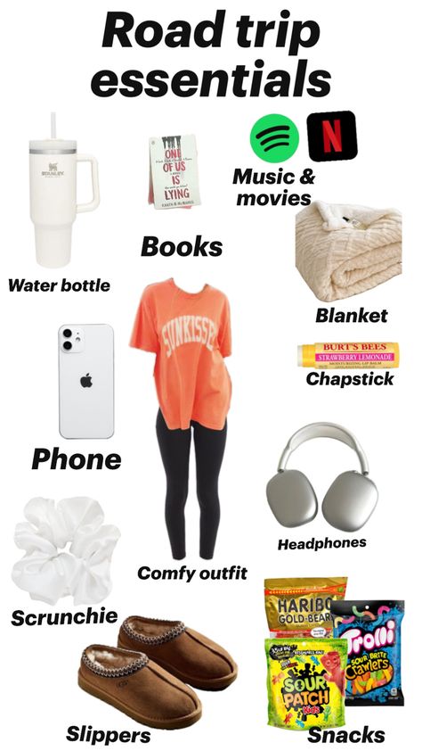 All you need for a long car ride! Car Ride Outfit, Packing List Kids, Road Trip Necessities, Trip Essentials Packing Lists, What To Pack For Vacation, Road Trip Bag, Road Trip Kit, Preppy Travel, Airplane Travel Essentials