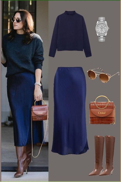 Satin Winter Outfit, Sweater Skirt And Boots Outfit, Knee High Blue Boots, Navy Blazer And Dress Outfit, Navy Blue And Brown Outfits For Women, Navy Leather Skirt Outfit, Navy Satin Maxi Skirt Outfit, Navy Satin Midi Skirt Outfit, Midi Blue Skirt Outfit