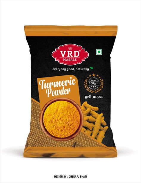 Dheeraj Bhati ( VRD MASALE - Turmeric Powder 100gm ) Haldi Powder, Powder Packaging, Turmeric Powder, Food Packaging Design, Packing Design, Ethnic Patterns, Dried Fruit, Food Packaging, Product Design