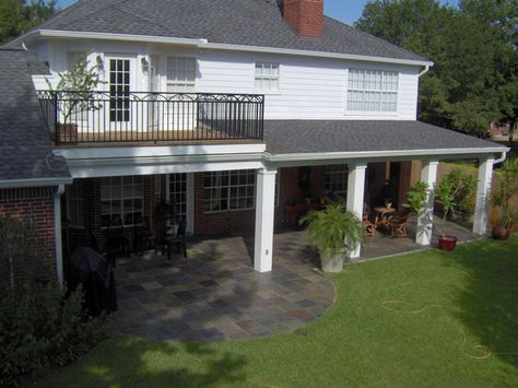 Patio With Balcony Above, Covered Patio With Balcony Above, Slate Patio, Covered Balcony, House With Balcony, Porch Doors, Patio Roof, Dream Backyard, Backyard Projects