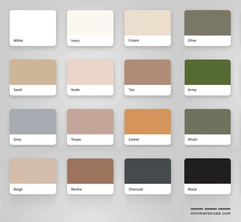 Minimalist Color Matching • Minimalist Road Minimalist Color Palette Instagram, Khaki Pallete Color, Tshirt Colors Palette, Jacquemus Color Palette, Minimalistic Color Palette, Khaki Color Palette, Minimalist Color Scheme, Minimalist Moodboard, Gabby Birthday