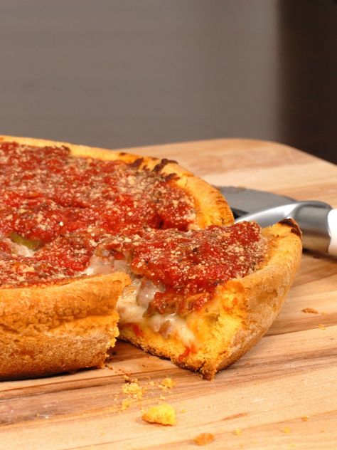 Gluten Free Chicago Deep Dish Pizza A must-try recipe. This is amazing Gluten Free Chicago, Chicago Deep Dish, Chicago Style Deep Dish Pizza, Chicago Deep Dish Pizza, Chicago Style Pizza, Gluten Free Main Dishes, Gluten Free Living, Deep Dish Pizza, Gluten Free Pizza