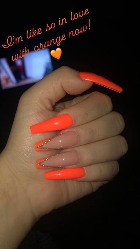 Orange Nail, Nails Polish, Coffin Nails Long, Nail Swag, Summer Acrylic Nails, Neon Nails, Acrylic Nails Coffin, Orange Nails, Dream Nails