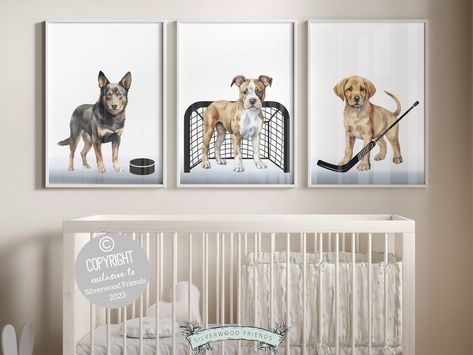 Hockey Nursery, Dog Nursery Decor, Puppy Nursery, Dog Nursery, Nursery Theme, Hockey Puck, Animal Nursery, Ice Hockey, Nursery Prints