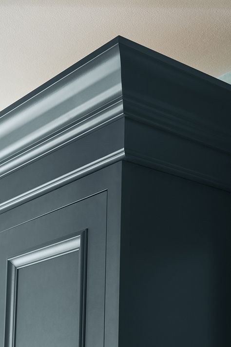 Tall Crown Moulding - Diamond Cabinetry Stacked Crown Molding Cabinets, Tall Crown Molding, Chimney Renovation, Cabinet Bulkhead, Cabinet Crown Molding Ideas, Crown Moulding Kitchen Cabinets, Kitchen Trim, Modern Crown Molding, Soffit Ideas