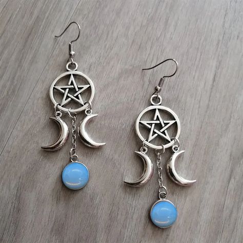 Hollow Pentagram Moon Design With Round Blue Synthetic Gems Decor Dangle Earrings Goth Style Alloy Jewelry Trendy Female Gift - Temu Wicca Pentagram, Rose Stone, Witch Earrings, Wiccan Jewelry, Gothic Earrings, Nature Earrings, Rose Quartz Earrings, Trendy Earrings, Purple Stones