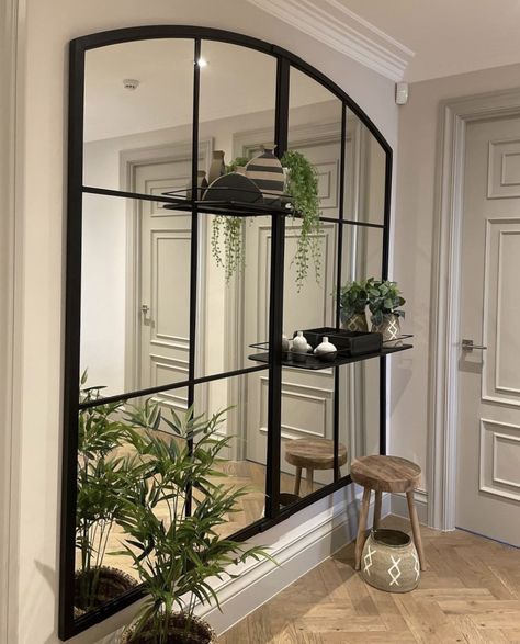 Large Shelved Garden and Home Mirror - Aldgate Home Ltd House Lobby Interior Design, Living Partition, Loft Mirror, Window Mirror Decor, Colour For Home, House Lobby, Wall Mirror Decor Living Room, Mirrored Walls, Mirror Decor Ideas