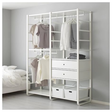 $420 IKEA - ELVARLI, 2 section shelving unit, white, You can always adapt or complete this open storage solution as needed. Maybe the combination we’ve suggested is perfect for you, or you can easily create your own. Drawers with integrated dampers close slowly, silently and softly. Elvarli Ikea, Ikea Elvarli, Large Wardrobe Closet, Clothes Storage Solutions, Ivar Regal, Clothes Storage Systems, Clothing Rack Bedroom, Side Units, Modular Wardrobes