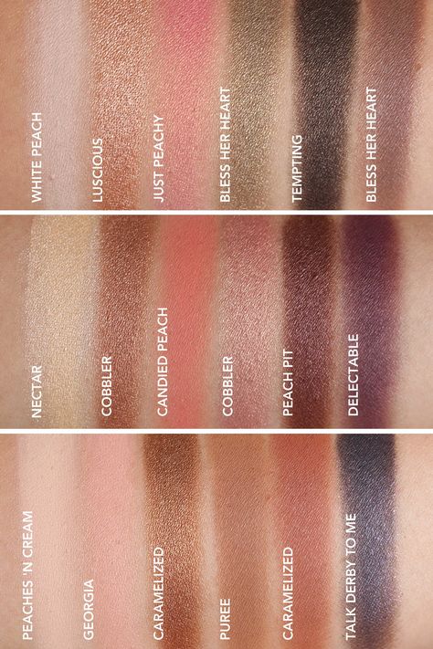 Too Faced Sweet Peach palette swatches Peach Eyeshadow Looks, Mint Eyeshadow, Too Faced Sweet Peach Palette, Too Faced Sweet Peach, Sweet Peach Palette, Eyeshadow Designs, Too Faced Peach, Silver Eyeshadow, Peach Palette