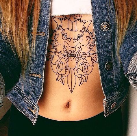 simple wolf tattoo. love it on the stomach Wolf Stomach Tattoo, Stomach Tattoos For Women, Simple Wolf Tattoo, Big Tattoos, Tummy Tattoo, Stomach Tattoos Women, Good Tattoo, Behind The Ear Tattoo, Stomach Tattoo