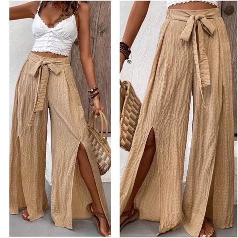 Bellanblue Pants & Jumpsuits | Solid Split Leg Hem Belted Wide Leg Palazzo Pants | Color: Tan | Size: Various Boho Office Attire, Look Boho Chic Elegante, Corporate Hippie, Anastasia Outfits, Boho Holiday Outfits, Modest Attire, Look 2023, Holiday Fits, Business Casual Minimalist