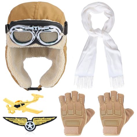 PRICES MAY VARY. Aviator Pilot Costume: the package comes with a pilot aviator fleece warm hat cap with earmuffs, a pair of goggles, a white scarf, an airplane pin and pilot badge(iron on), suitable for air force fighter clothing and accessories, complete set for vintage aviator cosplay Vintage Aviator Hat: High-quality cotton outer shell combined with a luxurious inner faux fur to form double layers to against the cold. Head circumference 56-60 cm (22-23.6 inches). Skiing Protective hat depth i Pilot Clothes, Pilot Accessories, Pilot Badge, Aviator Costume, Aviation Party, Aviator Cap, Halloween Costum, Aviator Goggles, Pilot Costume