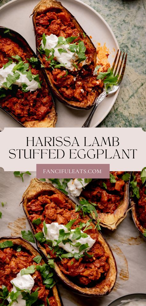 Harissa Lamb Stuffed Eggplant topped with yogurt and chopped parsley. Filled Eggplant, Harissa Lamb, Eggplant Stuffed, Stuffed Eggplant, Filling Dinner, Ground Lamb, Lamb Recipes, Delicious Dinner Recipes, Oven Roast