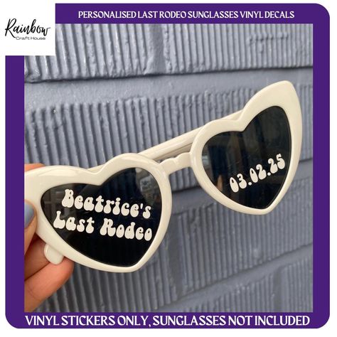 ⭐️ Personalised Last Rodeo Sunglasses Vinyl Sticker / Tik Tok Trend strike a pose / DIY Wedding Sunglasses / Wedding Favours / Vinyl Decal Only. ⭐️ PLEASE PRIVATE MESSAGE US FIRST IF YOU WANT DIFFERENT WORDING SO WE CAN MAKE SURE WE ARE ABLE TO DO AS REQUESTED BEFORE PURCHASED ⭐️ Sunglasses NOT INCLUDED ⭐️ VIRAL TIK TOK TREND - STRIKE A POSE PERFECT WEDDING PROP ⭐️ Sizing approx 1.6" wide for the Last Rodeo lense (height will vary on character length) approx 1.25" - 1.5" for the date depending on if you have 6-8 numbers If you need a custom size order please private message me and I will be happy to help. ⭐️ The Design ⭐️  1st Viny sticker Name's (MAX OF 10 characters) Last Rodeo 2nd Vinyl Sticker Date (Numberals Only) ⭐️ Please leave  Your Name and Date (Numerals Only) In personalisation The Last Rodeo, Wedding Favors Sunglasses, Sunglasses Wedding, Last Rodeo, Wedding Sunglasses, Rainbow Crafts, Wedding Props, Strike A Pose, Wedding Favours