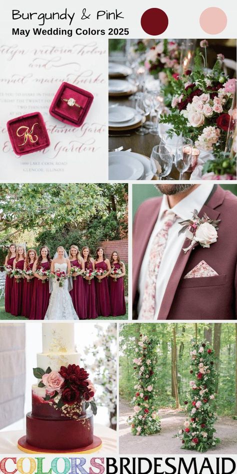 Burgundy and pink May wedding colors for 2025, burgundy bridesmaid dresses, white bridal gown, burgundy bridegroom suit with pink floral tie and square pocket, and pink flower boutonniere, white and burgundy wedding cake dotted with burgundy and pink flowers, burgundy and pink flower and greenery ceremony arch décor and centerpieces, burgundy wedding ring box #weddingcolors #weddingideas #mayweddings #springweddings #colsbm #2025 #bridesmaiddresses #burgundywedding #pinkwedding #burgundyandpink Burgundy Wedding Ring, White And Burgundy Wedding, Centerpieces Burgundy, May Wedding Colors, Greenery Ceremony, September Wedding Colors, Pink Floral Decor, Peach Wedding Bouquet, Orange Wedding Bouquet