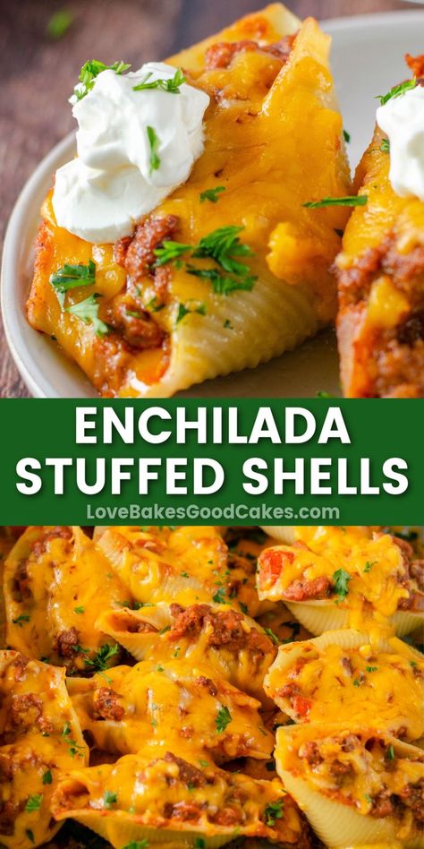 Enchilada Stuffed Shells pin collage Enchilada Stuffed Shells, Chili Relleno, Stuffed Pasta, Tasty Dinner, Stuffed Shells Recipe, Pasta Dinners, Pasta Dinner Recipes, Stuffed Pasta Shells, Stuffed Shells