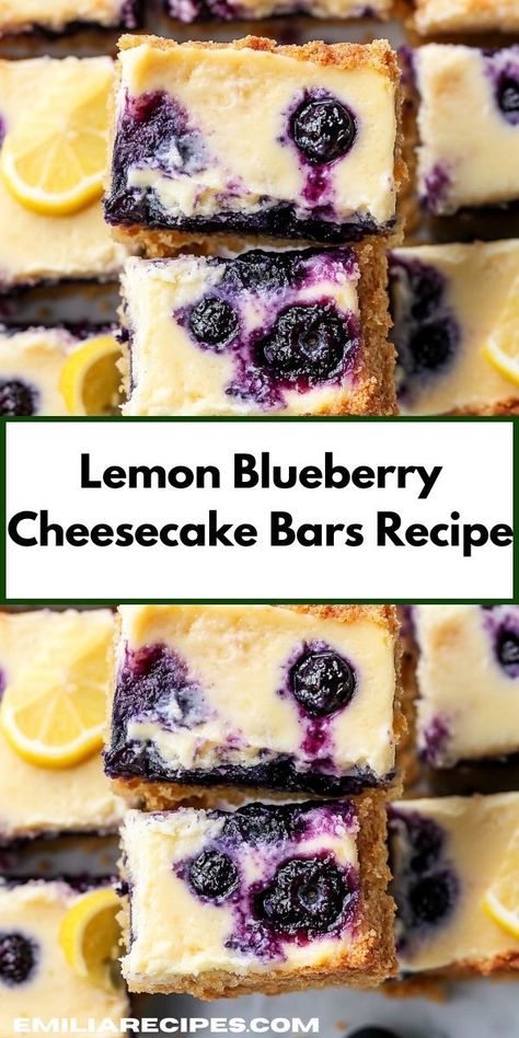 Need an easy dessert for your next family gathering? These Lemon Blueberry Cheesecake Bars are a fantastic choice. With their creamy texture and zesty lemon flavor, they make a delightful treat that everyone will enjoy. Lemon Blueberry Cheesecake Bars, Blueberry Cheesecake Bars, Lemon Blueberry Cheesecake, Cheesecake Layer, Lemon Cheesecake Bars, Quick Dessert Recipes, Cheese Bar, Cheesecake Bar Recipes, Lemon Flavor