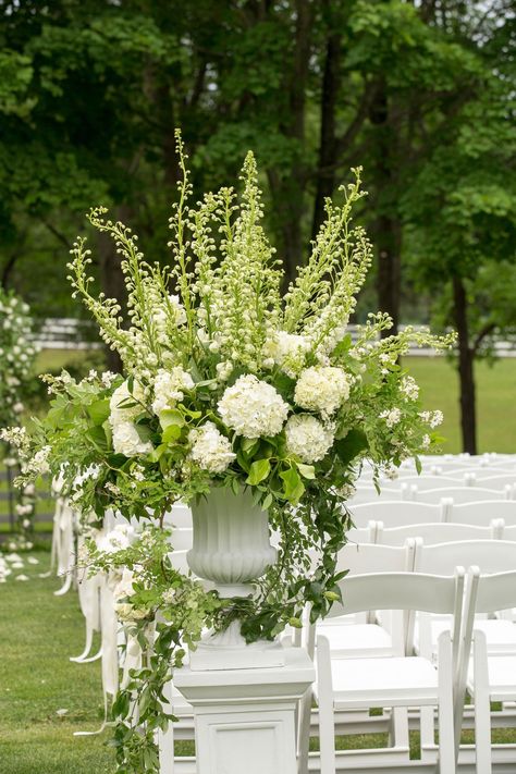 White & Greenery Arrangement on Aisle Green Hydrangea Bouquet, Green Hydrangea Wedding, White Ceremony, Large Arrangement, Urn Arrangements, White Urn, Hydrangea Bouquet Wedding, Flower Urn, White Flower Arrangements